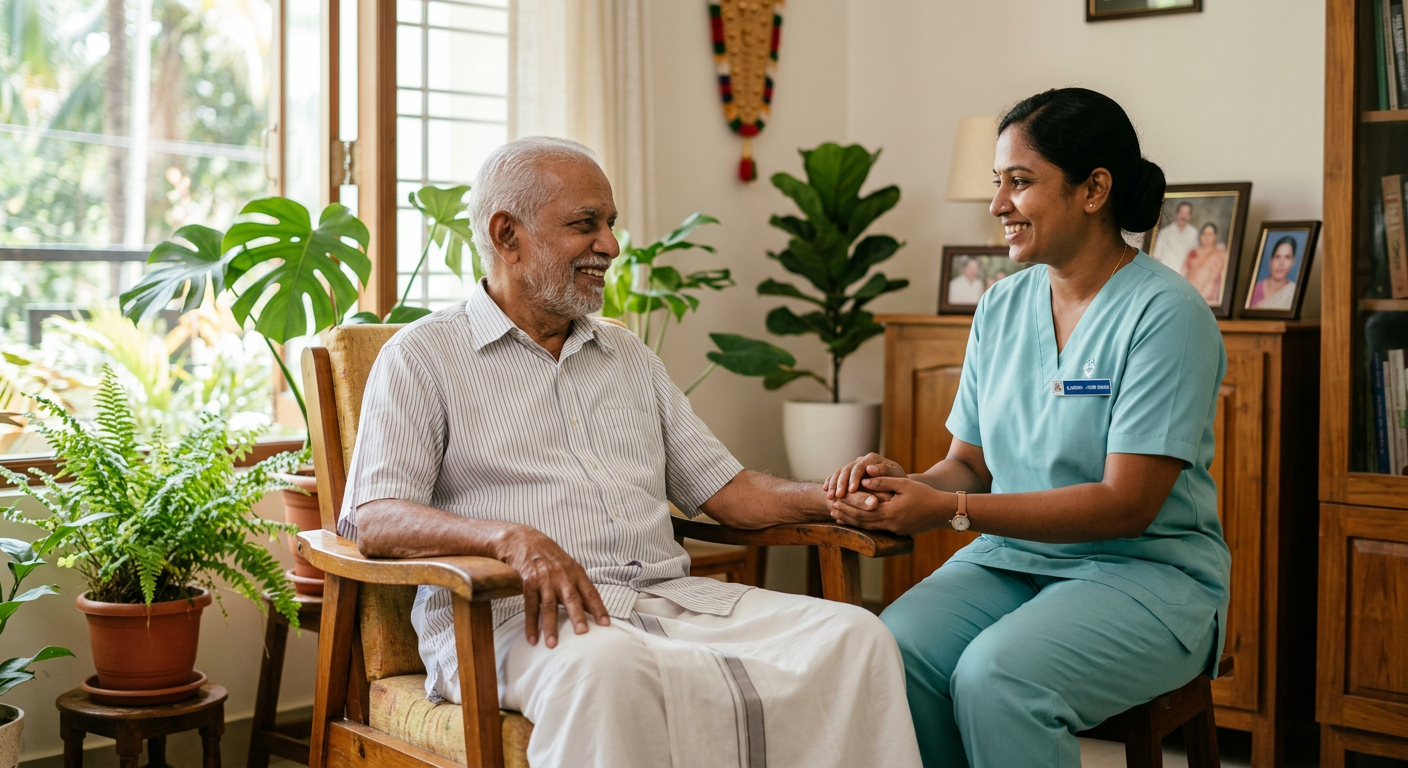 A home nurse holding the hand of an elderly man at home