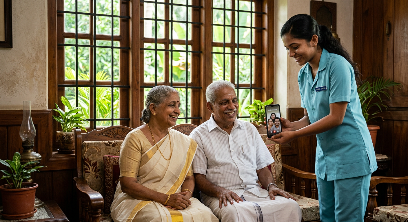 Elderly Malayali parents on a video call with family, assisted by an iCare home nurse