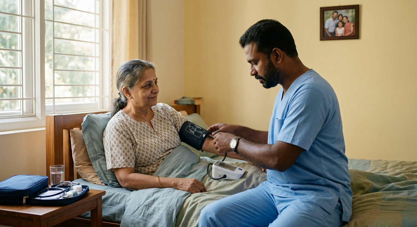 Nurse checking blood pressure of a patient resting at home